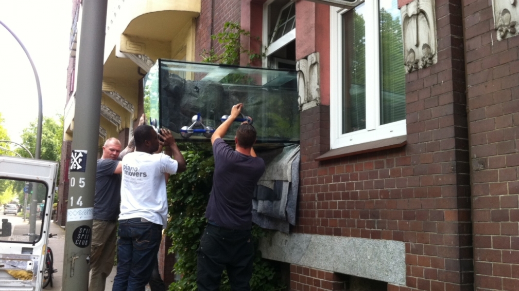 Und ab durchs Fenster damit  ...... 8 Mann, 400 Kg , 300 x 80 x 80 cm Glas, und ein Fenster welches 2,4 meter vom Boden ist .... nie wieder ..